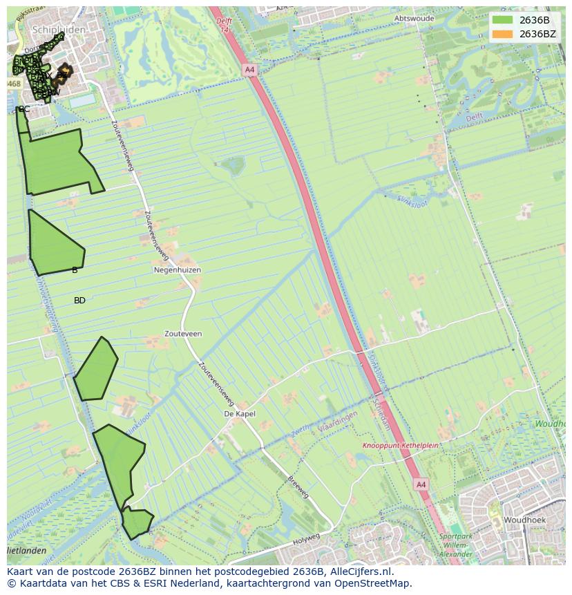 Afbeelding van het postcodegebied 2636 BZ op de kaart.