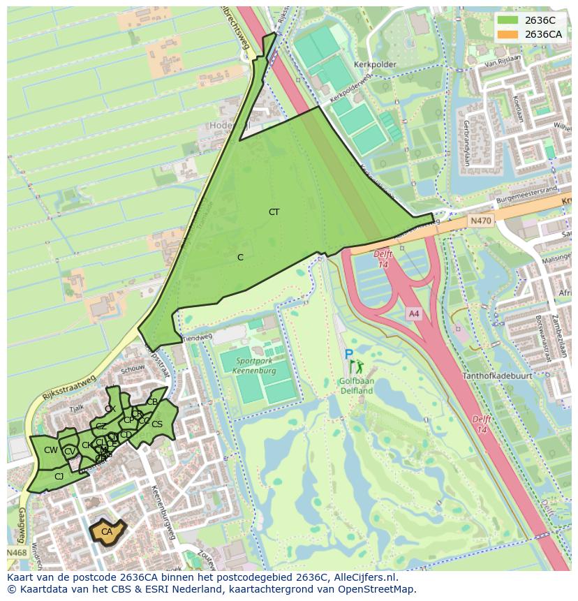 Afbeelding van het postcodegebied 2636 CA op de kaart.