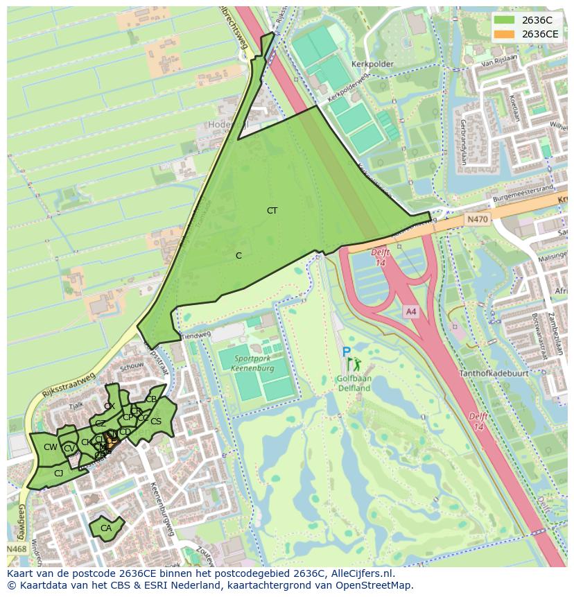 Afbeelding van het postcodegebied 2636 CE op de kaart.