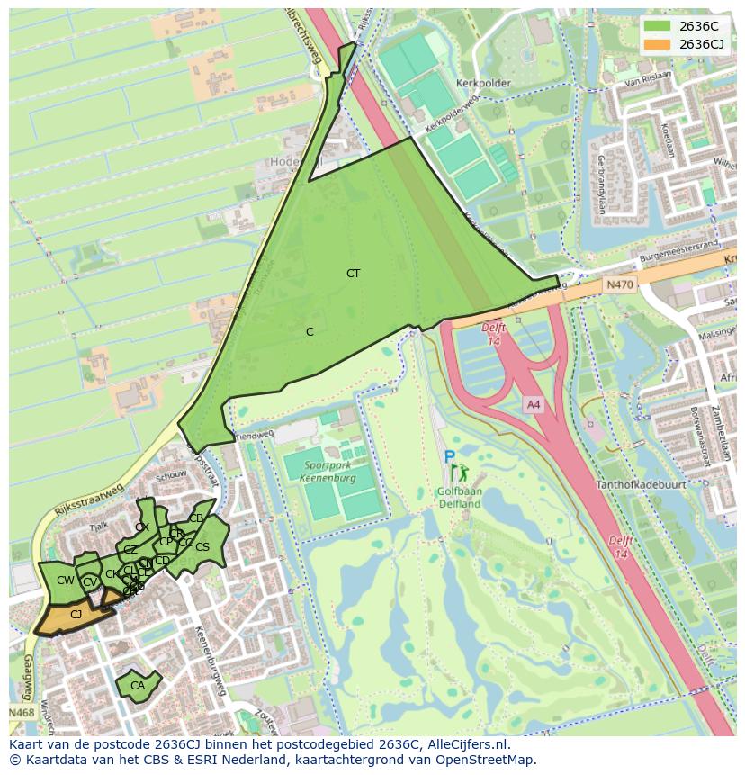 Afbeelding van het postcodegebied 2636 CJ op de kaart.