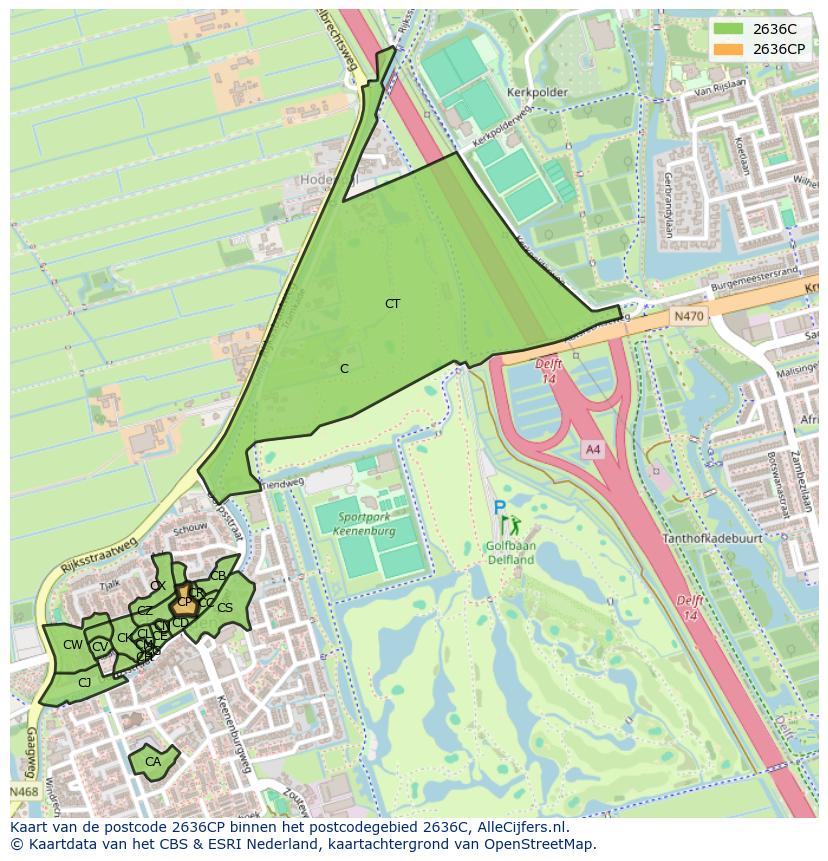 Afbeelding van het postcodegebied 2636 CP op de kaart.