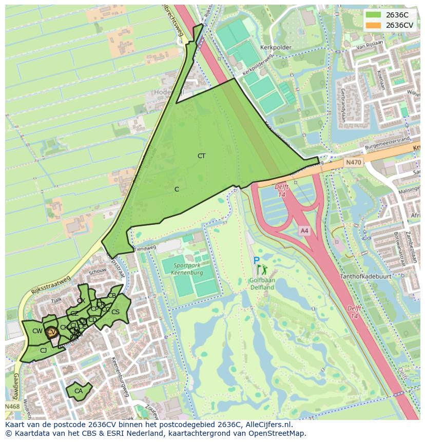 Afbeelding van het postcodegebied 2636 CV op de kaart.