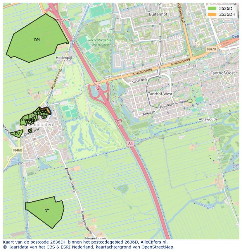 Afbeelding van het postcodegebied 2636 DH op de kaart.