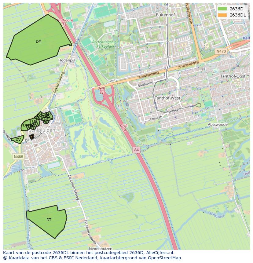 Afbeelding van het postcodegebied 2636 DL op de kaart.