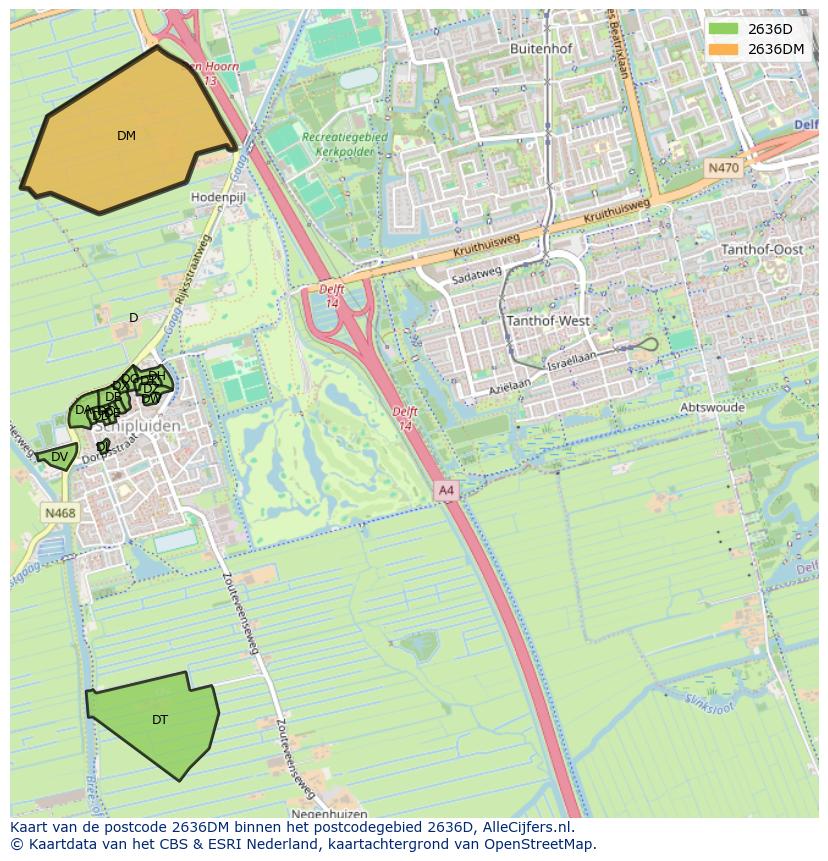 Afbeelding van het postcodegebied 2636 DM op de kaart.