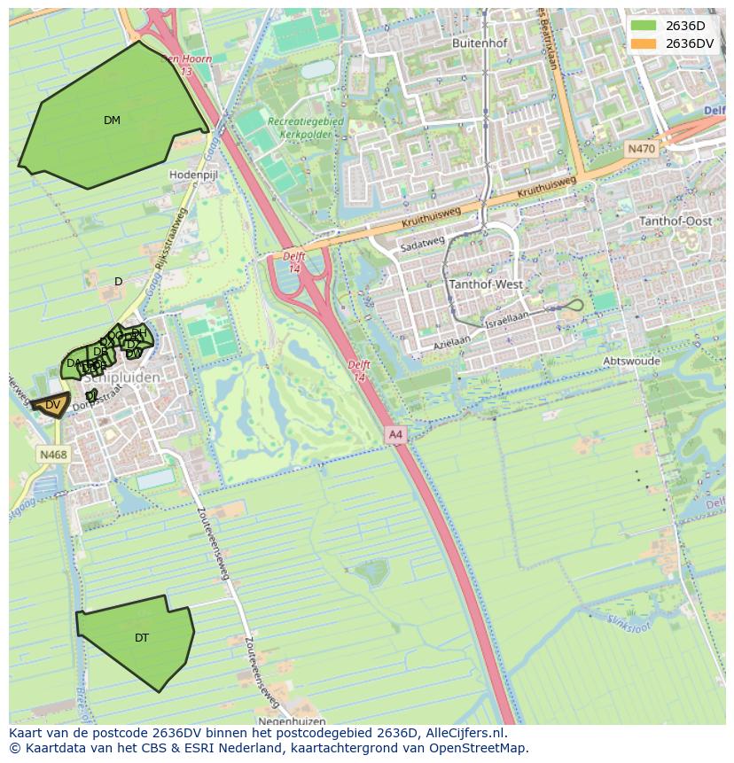 Afbeelding van het postcodegebied 2636 DV op de kaart.