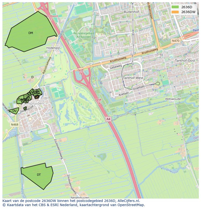 Afbeelding van het postcodegebied 2636 DW op de kaart.