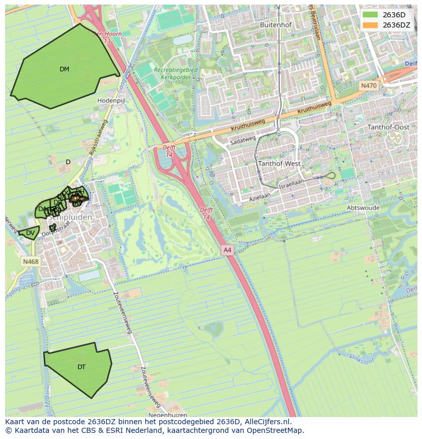Afbeelding van het postcodegebied 2636 DZ op de kaart.