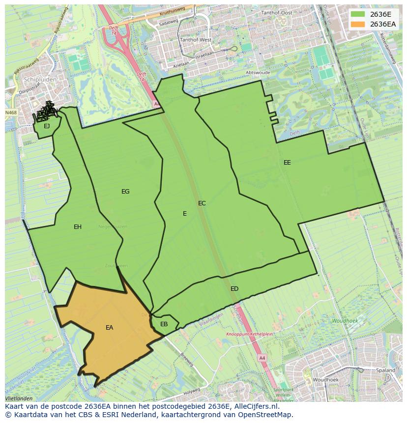 Afbeelding van het postcodegebied 2636 EA op de kaart.