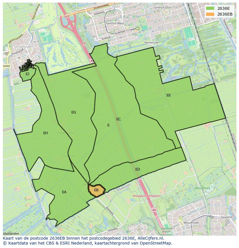 Afbeelding van het postcodegebied 2636 EB op de kaart.