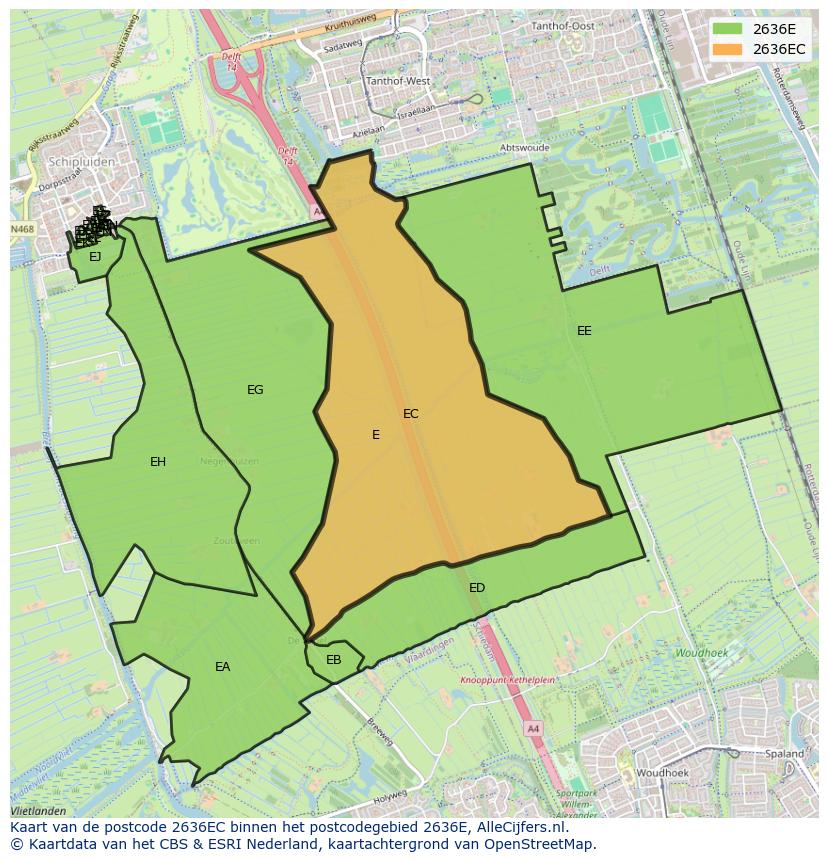 Afbeelding van het postcodegebied 2636 EC op de kaart.