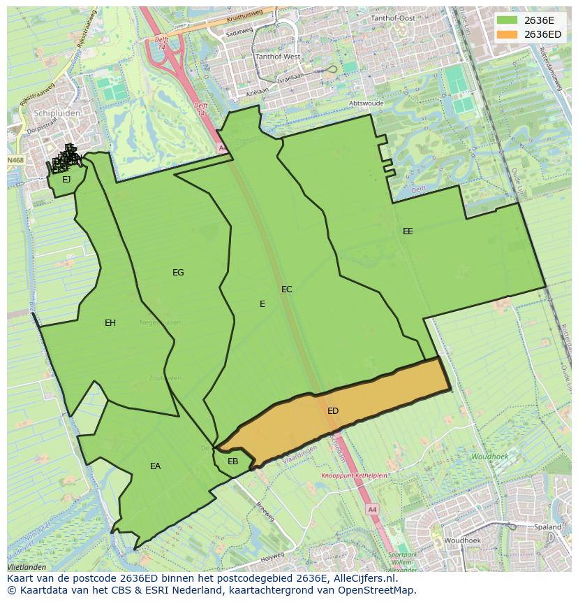 Afbeelding van het postcodegebied 2636 ED op de kaart.