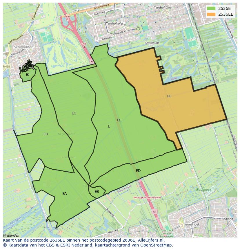 Afbeelding van het postcodegebied 2636 EE op de kaart.