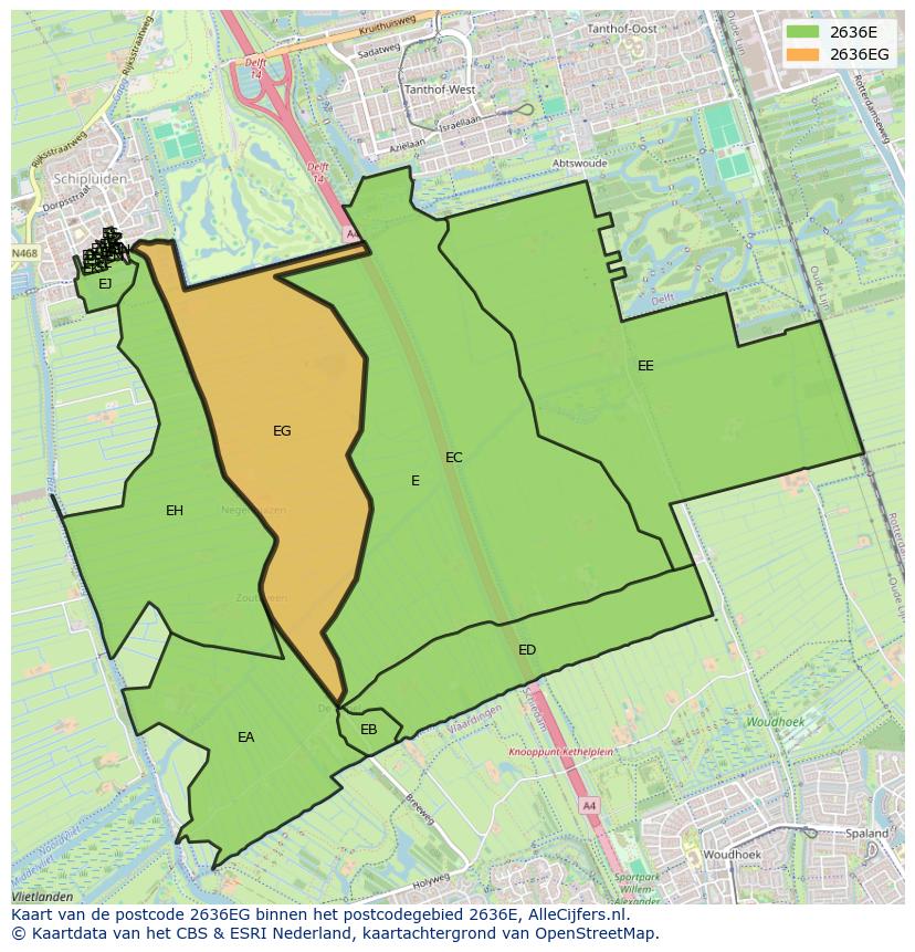 Afbeelding van het postcodegebied 2636 EG op de kaart.