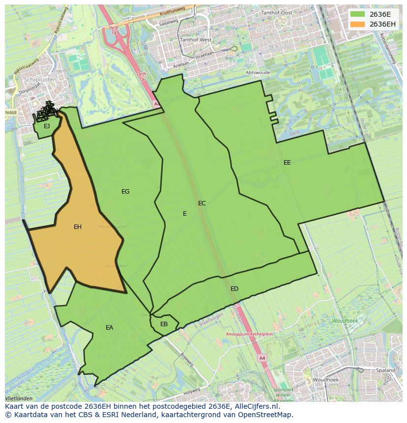 Afbeelding van het postcodegebied 2636 EH op de kaart.