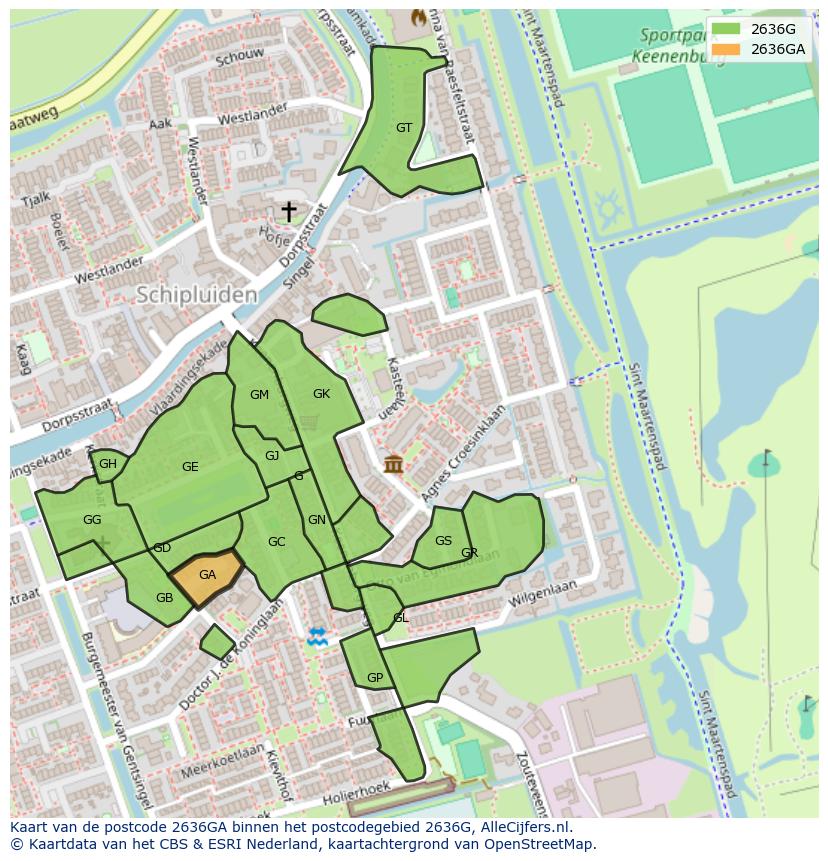 Afbeelding van het postcodegebied 2636 GA op de kaart.