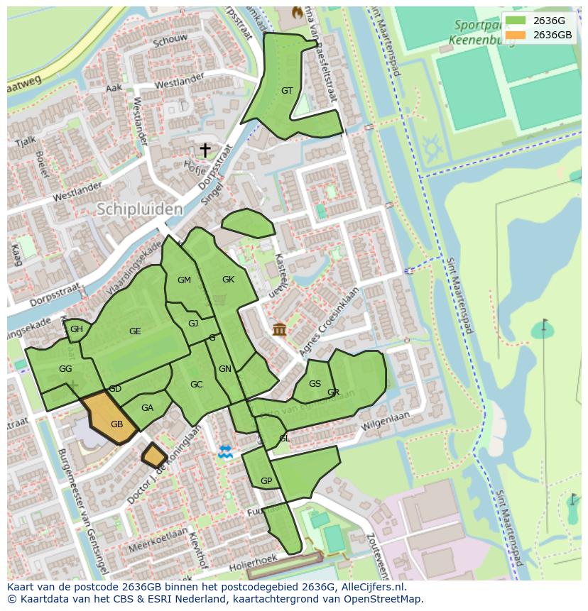Afbeelding van het postcodegebied 2636 GB op de kaart.