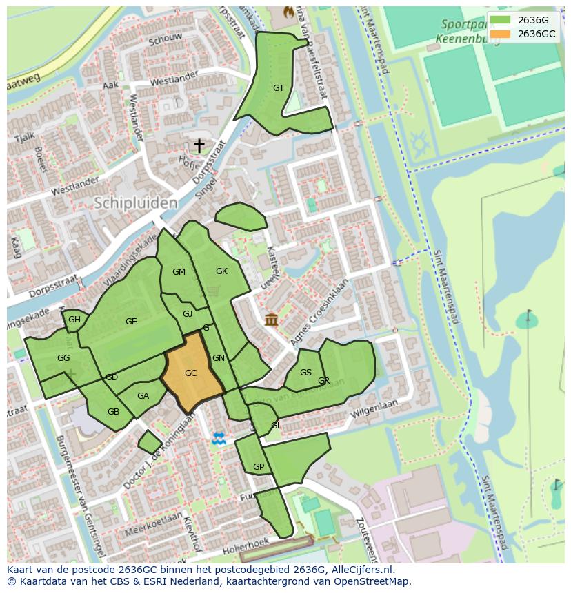 Afbeelding van het postcodegebied 2636 GC op de kaart.