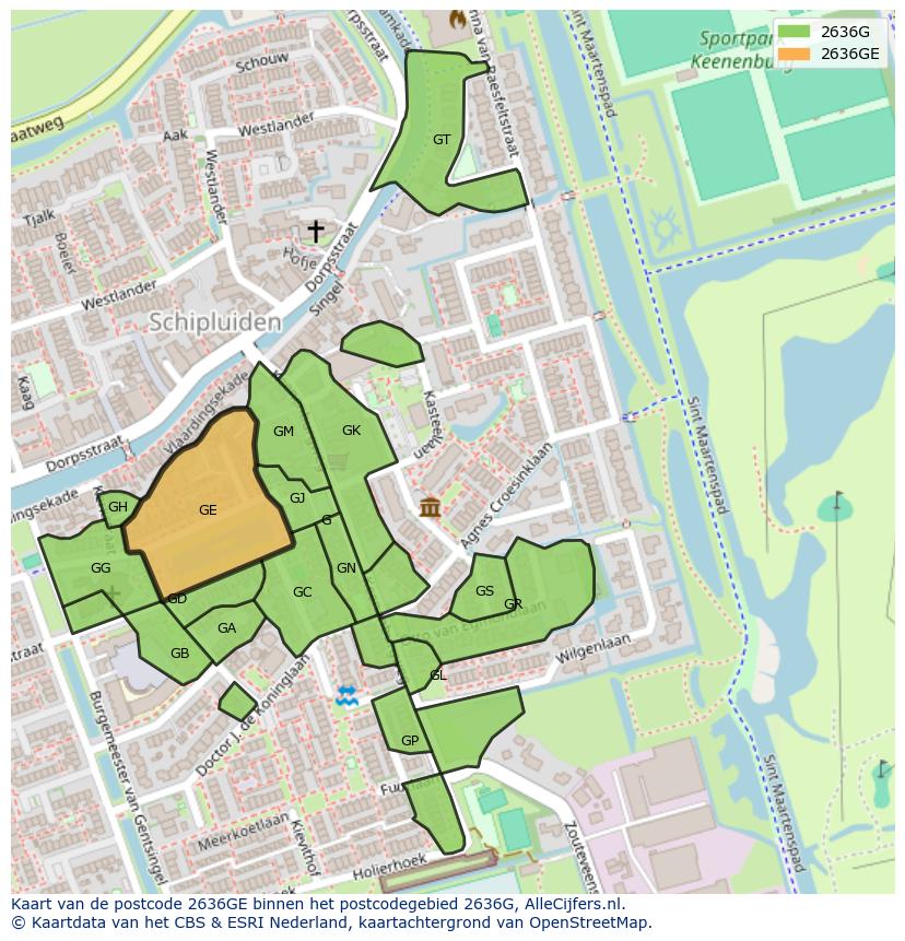 Afbeelding van het postcodegebied 2636 GE op de kaart.