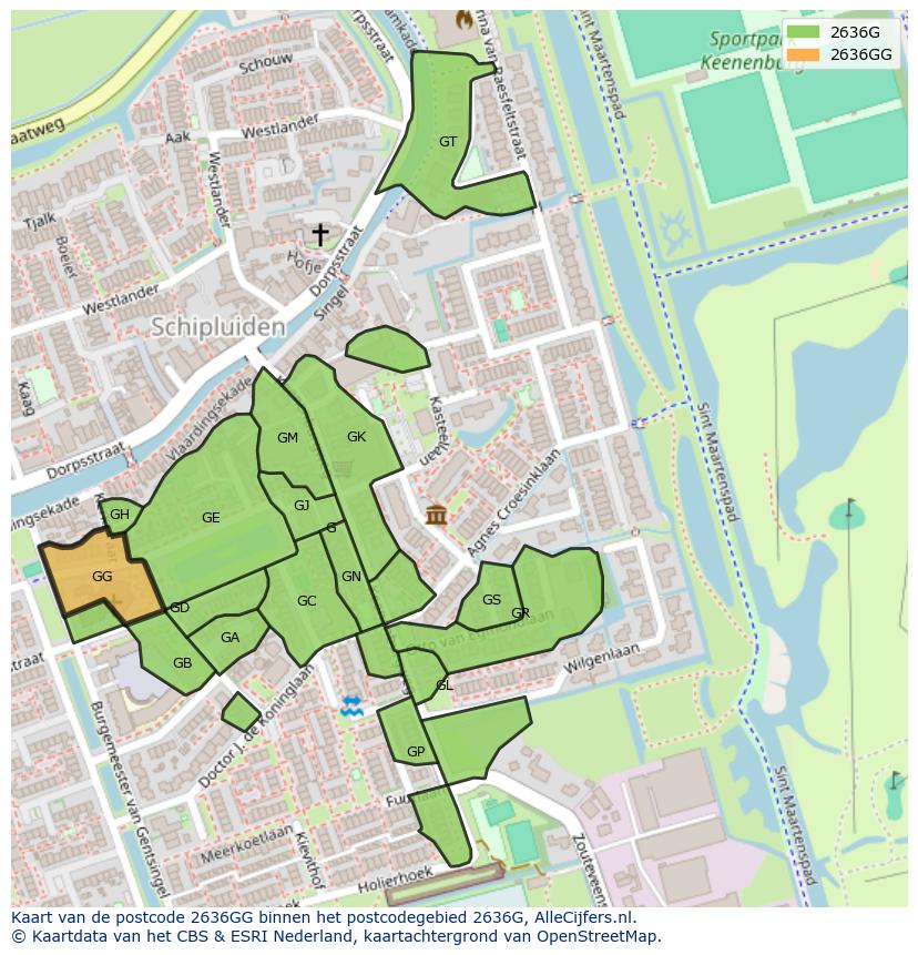 Afbeelding van het postcodegebied 2636 GG op de kaart.