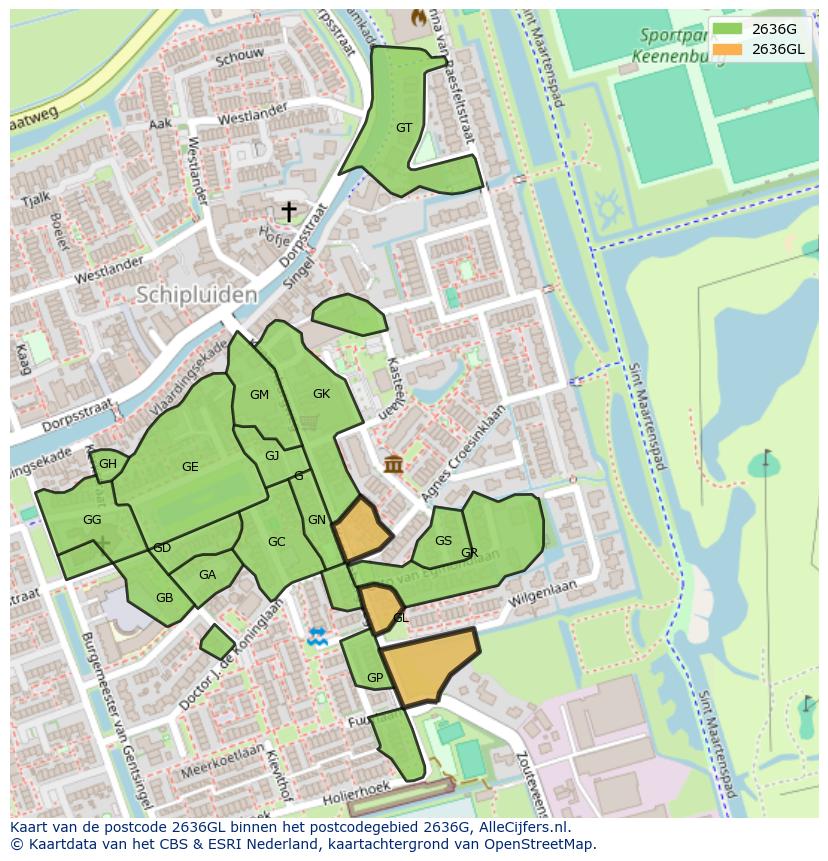 Afbeelding van het postcodegebied 2636 GL op de kaart.