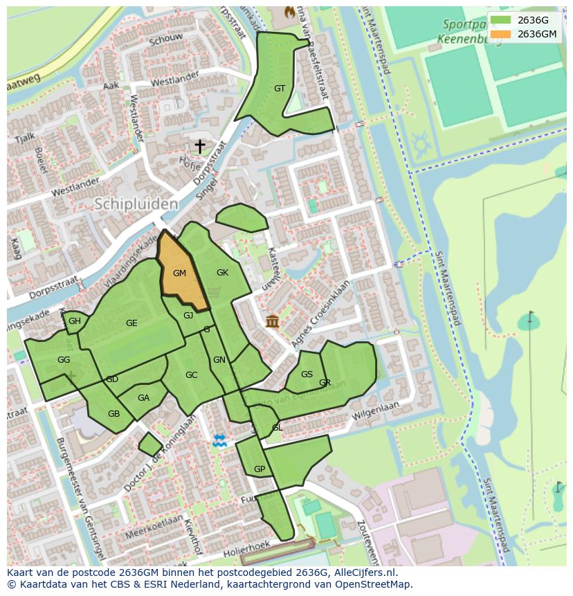 Afbeelding van het postcodegebied 2636 GM op de kaart.