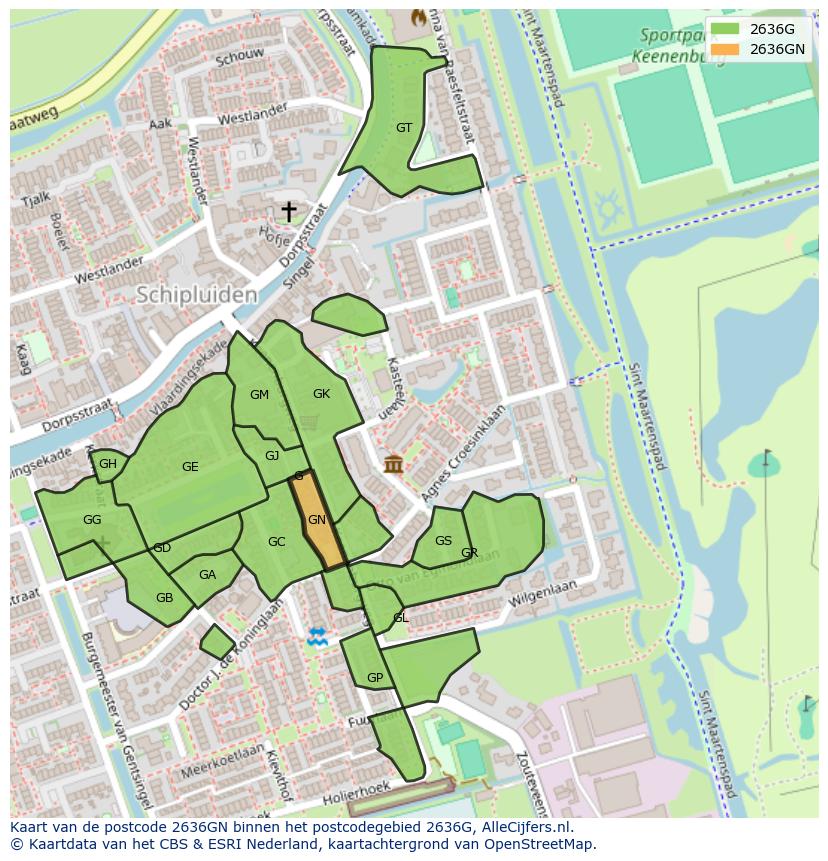 Afbeelding van het postcodegebied 2636 GN op de kaart.