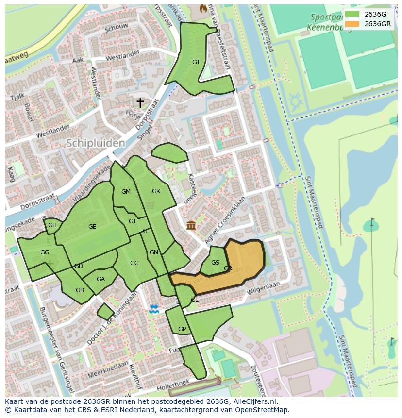Afbeelding van het postcodegebied 2636 GR op de kaart.