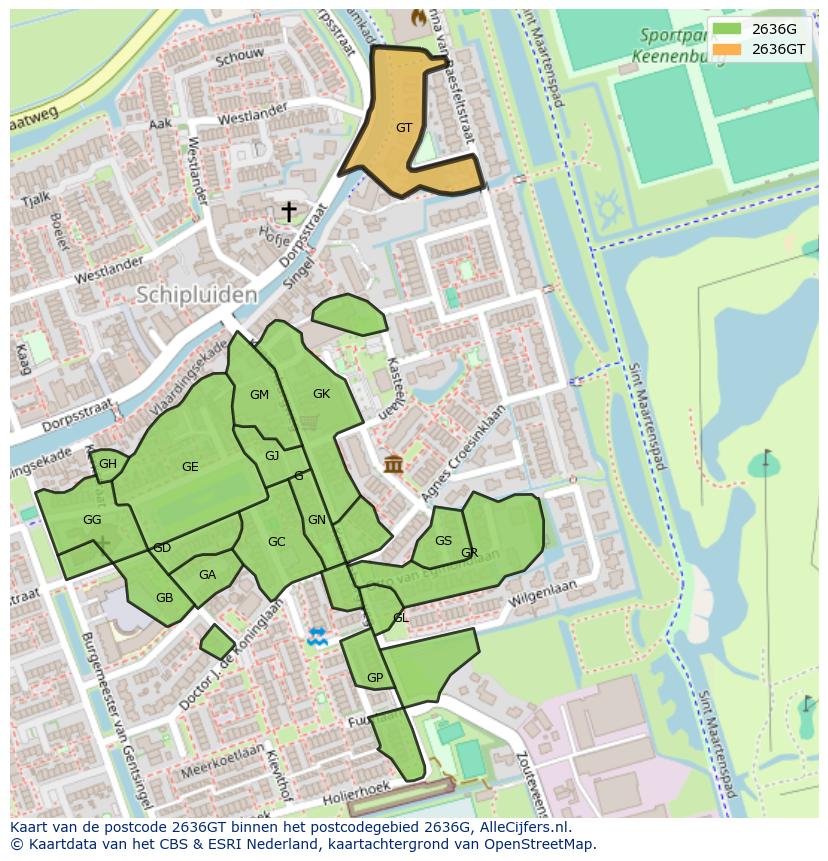 Afbeelding van het postcodegebied 2636 GT op de kaart.