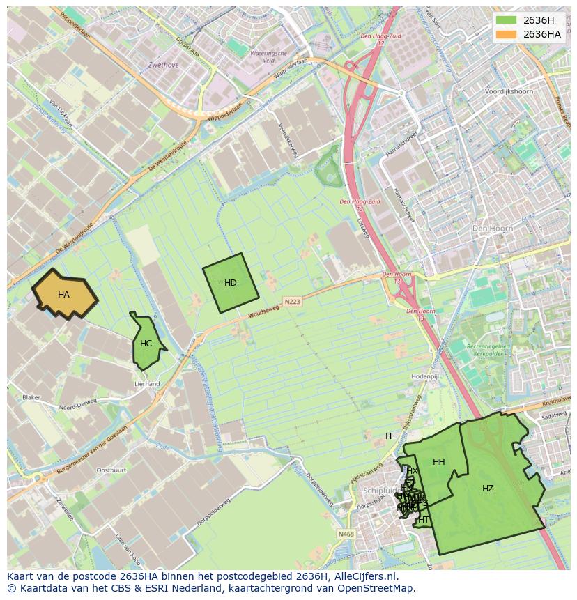 Afbeelding van het postcodegebied 2636 HA op de kaart.