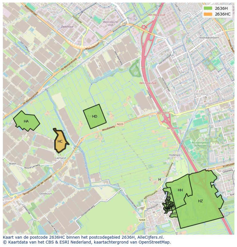 Afbeelding van het postcodegebied 2636 HC op de kaart.