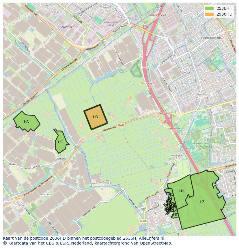 Afbeelding van het postcodegebied 2636 HD op de kaart.