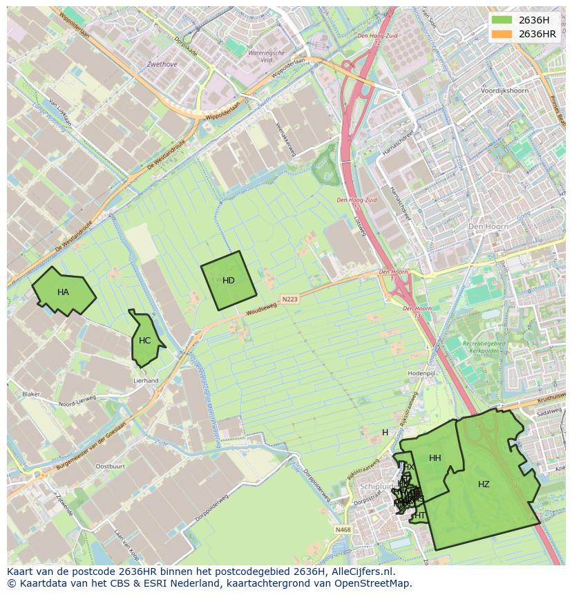 Afbeelding van het postcodegebied 2636 HR op de kaart.