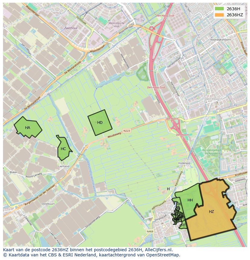 Afbeelding van het postcodegebied 2636 HZ op de kaart.