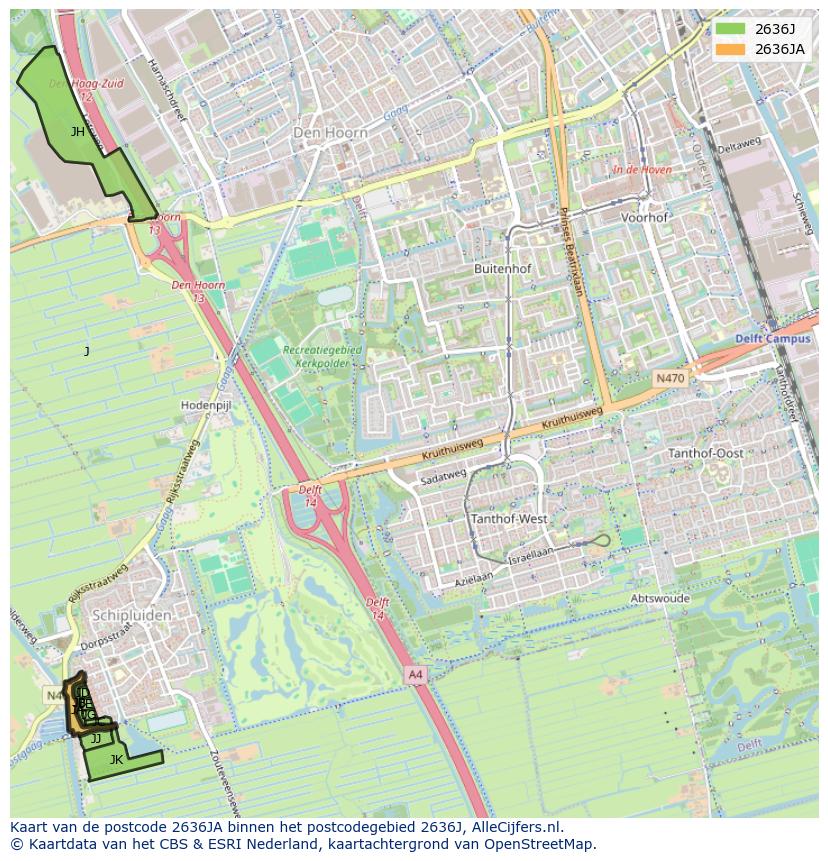 Afbeelding van het postcodegebied 2636 JA op de kaart.