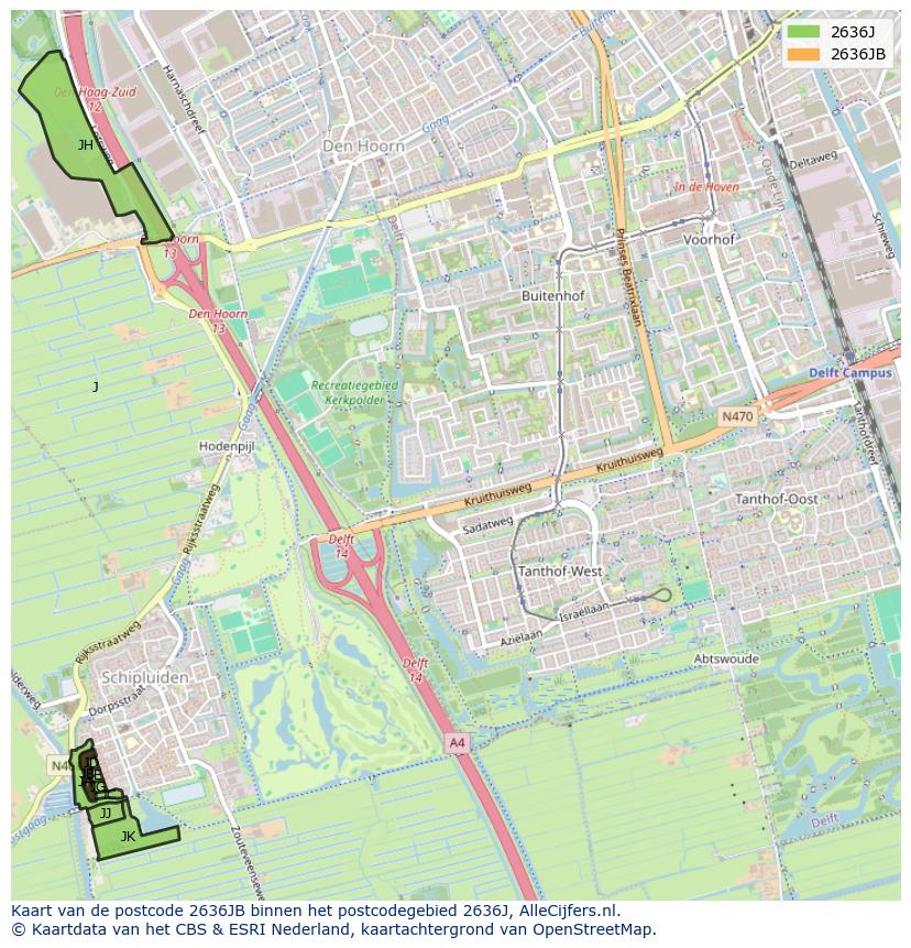 Afbeelding van het postcodegebied 2636 JB op de kaart.