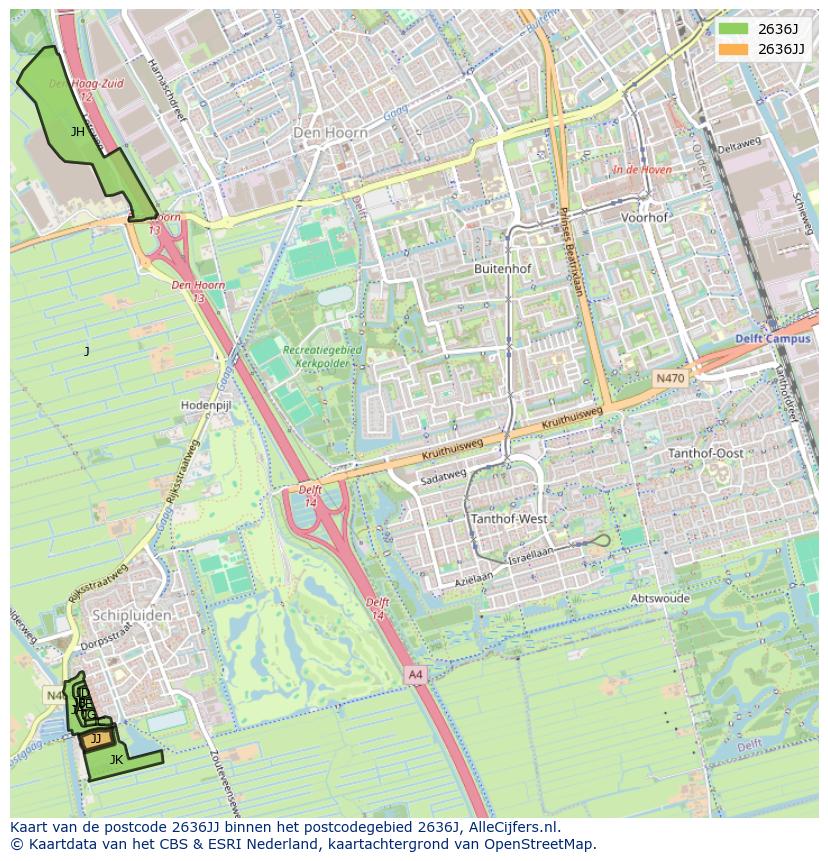 Afbeelding van het postcodegebied 2636 JJ op de kaart.