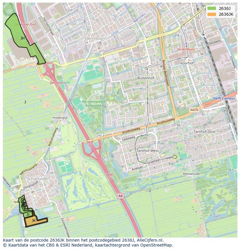 Afbeelding van het postcodegebied 2636 JK op de kaart.