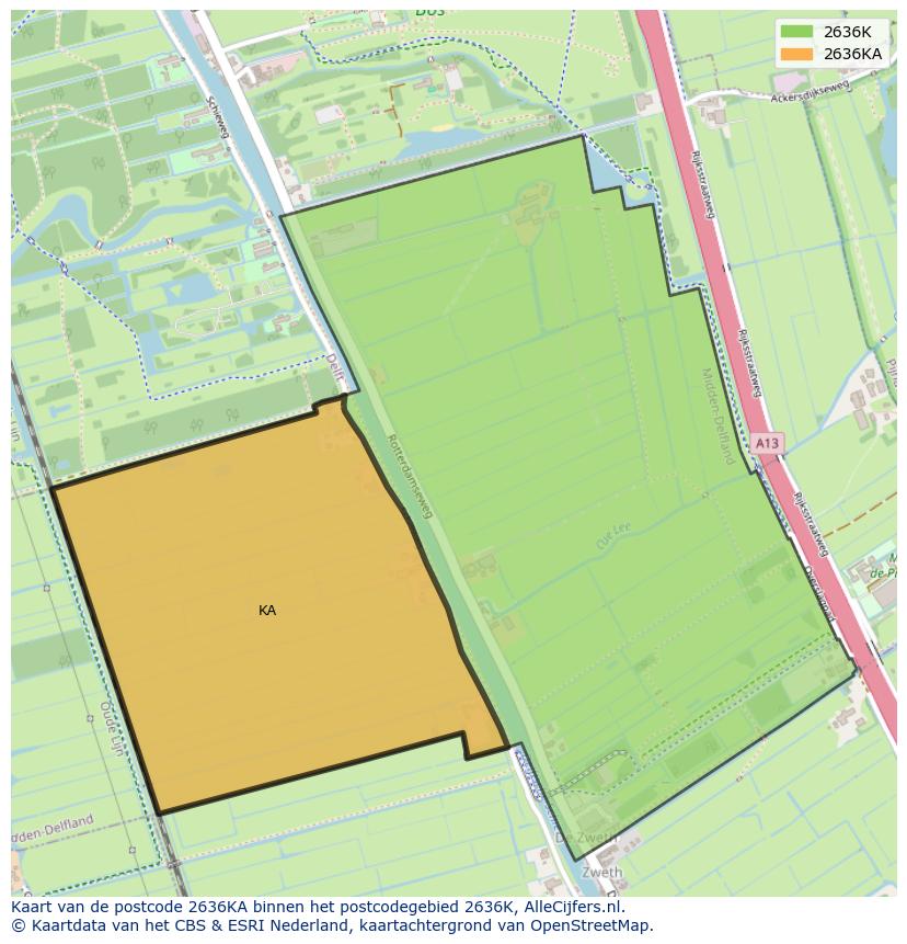Afbeelding van het postcodegebied 2636 KA op de kaart.