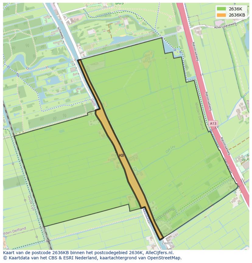 Afbeelding van het postcodegebied 2636 KB op de kaart.