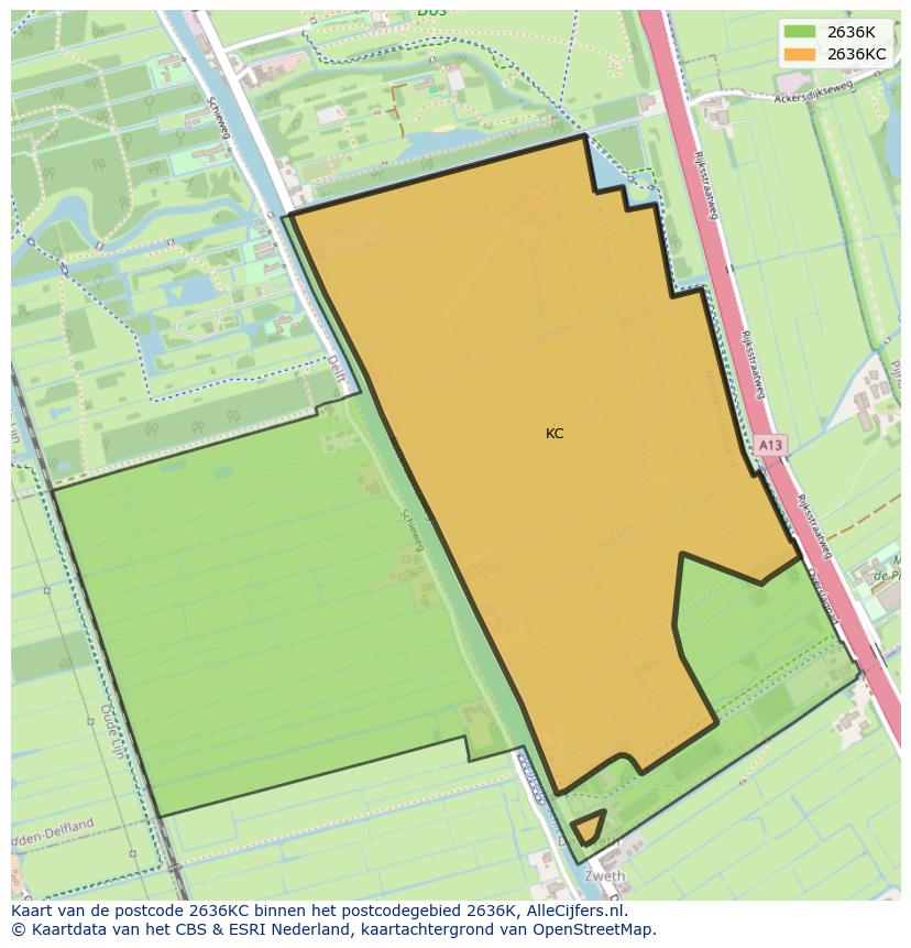Afbeelding van het postcodegebied 2636 KC op de kaart.