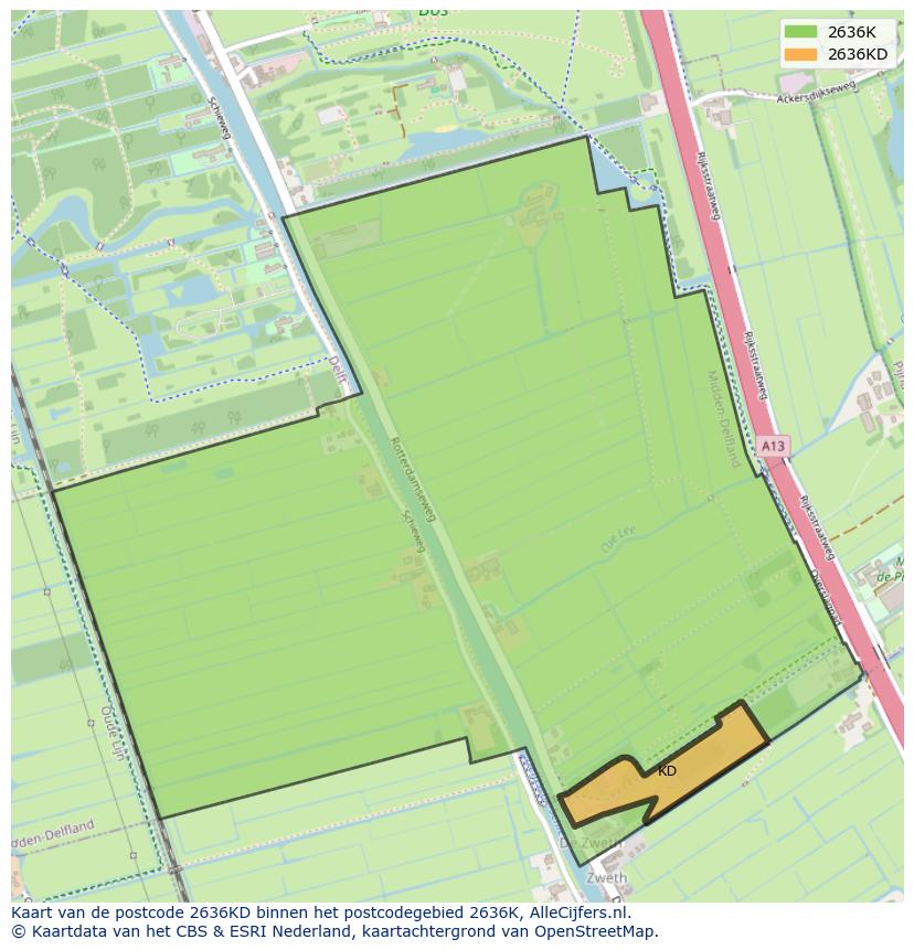 Afbeelding van het postcodegebied 2636 KD op de kaart.