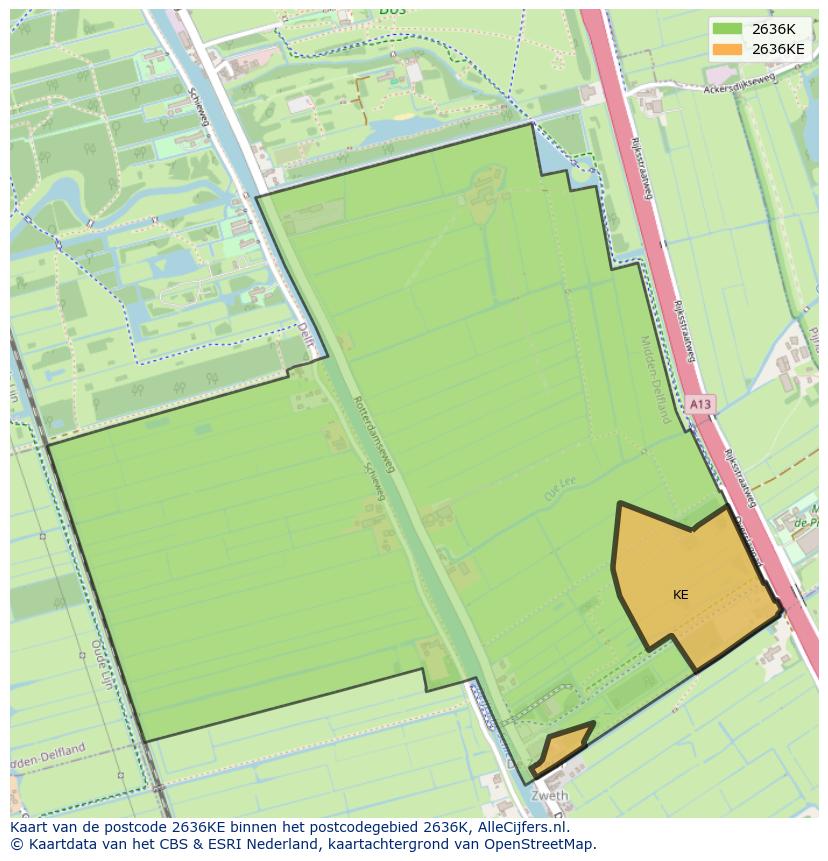 Afbeelding van het postcodegebied 2636 KE op de kaart.