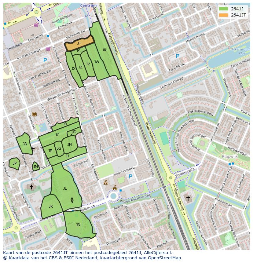 Afbeelding van het postcodegebied 2641 JT op de kaart.