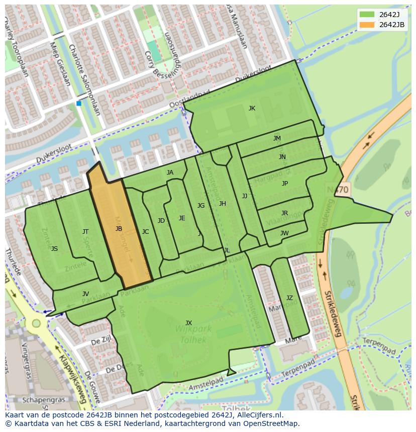 Afbeelding van het postcodegebied 2642 JB op de kaart.