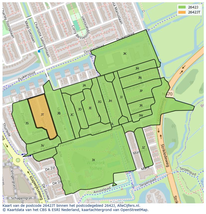 Afbeelding van het postcodegebied 2642 JT op de kaart.