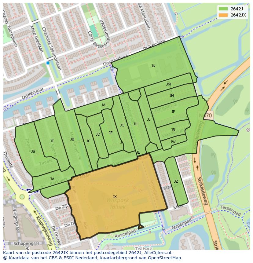 Afbeelding van het postcodegebied 2642 JX op de kaart.