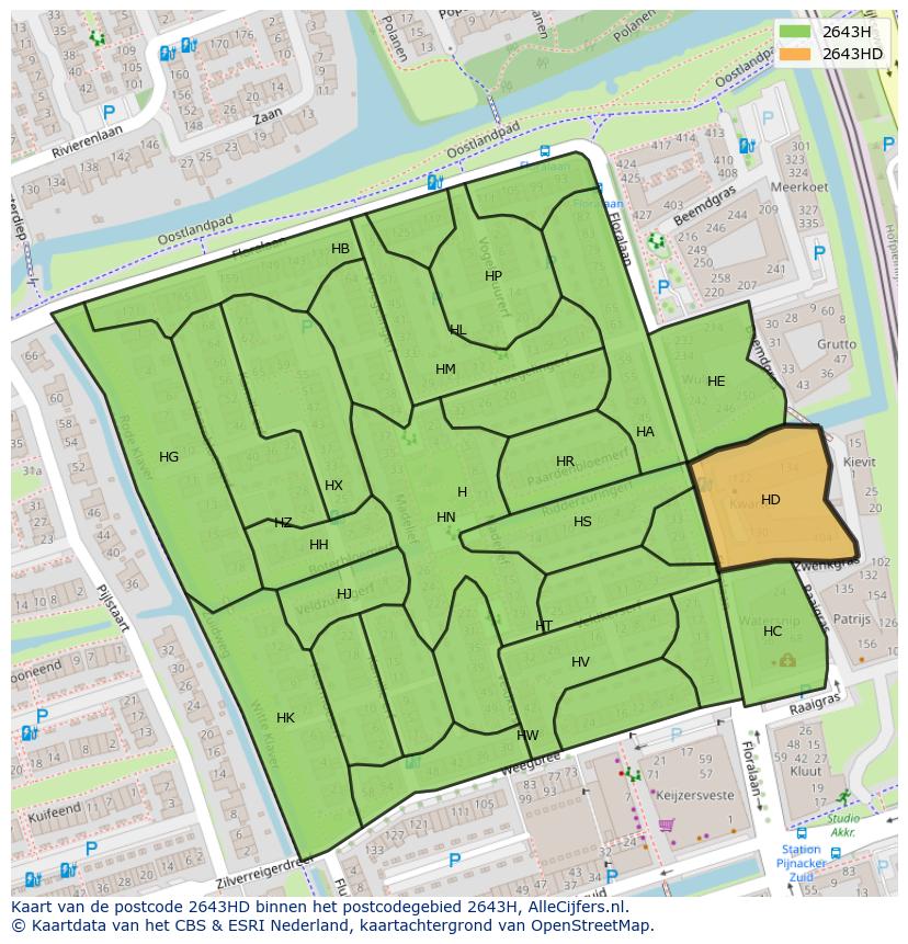 Afbeelding van het postcodegebied 2643 HD op de kaart.