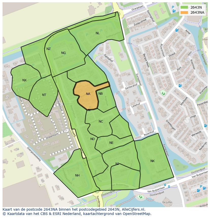 Afbeelding van het postcodegebied 2643 NA op de kaart.