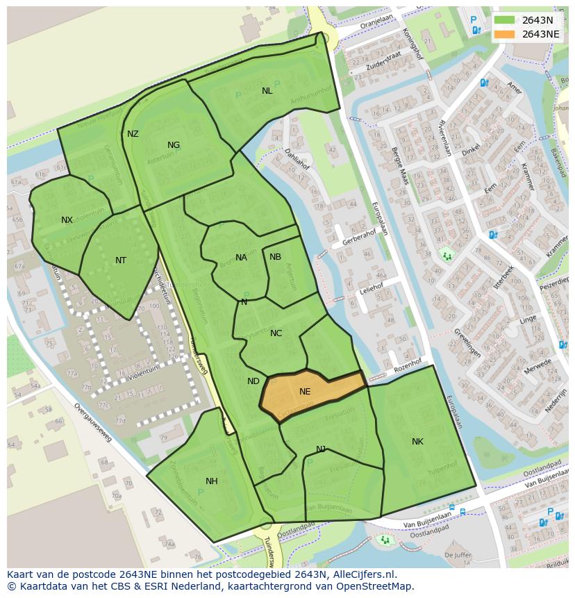 Afbeelding van het postcodegebied 2643 NE op de kaart.